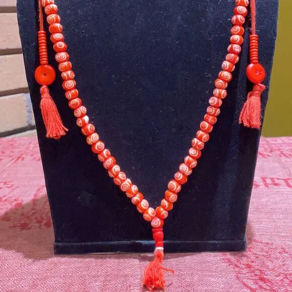 Water Buffalo Bone Etched Mandala Mala - Dark Orange - Picture 3 of 3